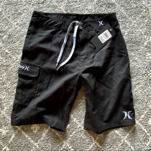 NWT Hurley Boys Black Swim Trunks Tie Waist Pocket